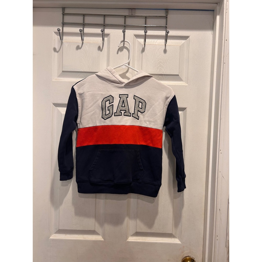 GAP Kids Hoodie Small S‎ Navy Blue White Red Colorblock Logo Pullover Sweatshirt